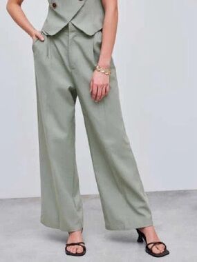 Cider Cropped Linen Wide-Leg Mid-Rise Trousers in Light Green Size XL/10